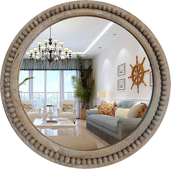 dwellington Rustic Round 24 Inch Wood Wall Circle Mirror with Beads, Decorative Farmhouse Mirror for Living Room, Bedroom, Kitchen, Entryway (Natural)
