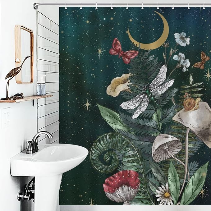 Mushroom Shower Curtain for Bathroom, Fairy Botanical Mushroom Cottagecore Gothic Moth Moon Star Nature Plants Herbs Retro Vintage VWaterproof Fabric Shower Curtain Set with Hooks, 72"x78" Inch