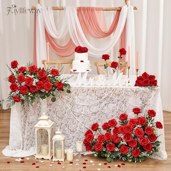 50PCS Artificial Red Roses, 3.9'' Silk Flower Head Fake Red Rose with Long Stems, Realistic Faux Roses Bouquet for DIY Wedding Home Party Office Decoration