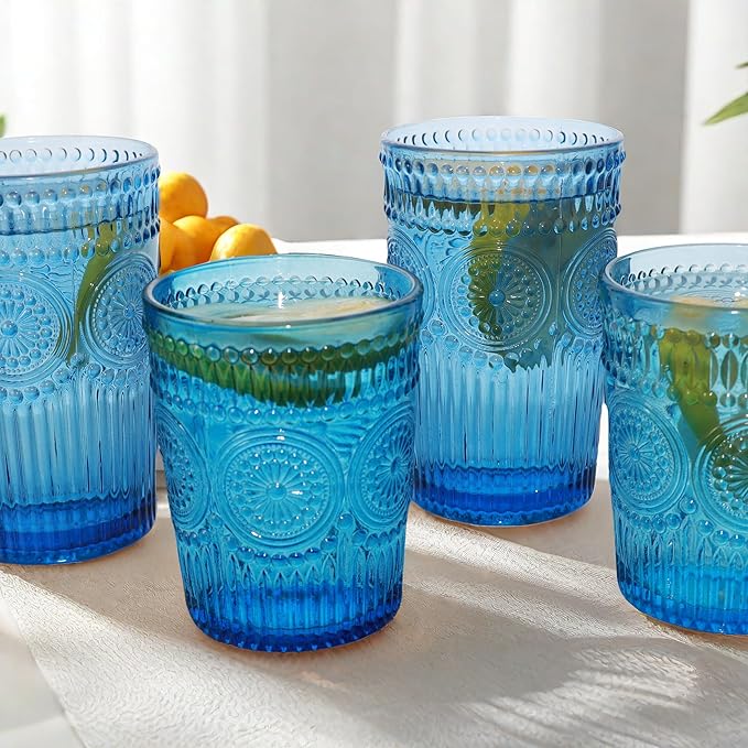 Loivttvv 12pcs Vintage Drinking Glasses Set, 12 oz Highball Glasses & 9 oz Embossed Ribbed Glassware Cups for Cocktail, Water, Juice, Coffee, Whiskey (Blue)