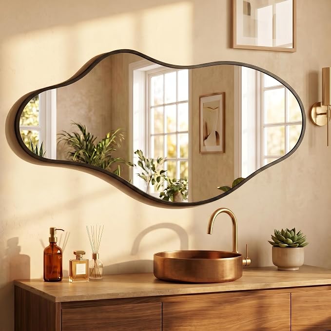 Dorlicecass Bathroom Mirrors for Over Sink - Long Wall Mirrors Decorative 20"x 36" Asymmetrical Abstract Aviation Aluminum Alloy Frame Unique for Bedroom, Living Room, Cloakroom, Entryway Black
