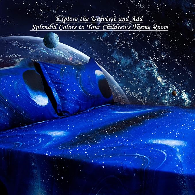 Bedlifes Galaxy Outer Space Sheet Set, Galaxy Themed, 3 pcs Including Flat Sheet, Fitted Sheet, and 1 Pillowcase (Light Blue King)