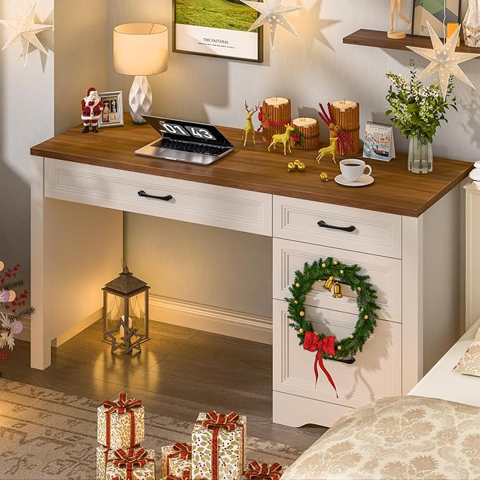Vabches Farmhouse Executive Desk with Storage and Ample File Drawer, Rustic Large Home Writing Desk for Bedroom, White