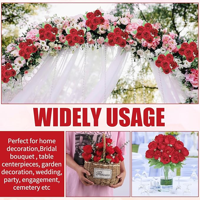 8 Pack Red Peonies Artificial Flowers, Fake Silk Hydrangea Bouquet for Bridal Wedding Home Table Decor Reusable Dining Opening Ceremony Birthday Arrangement Faux Floral