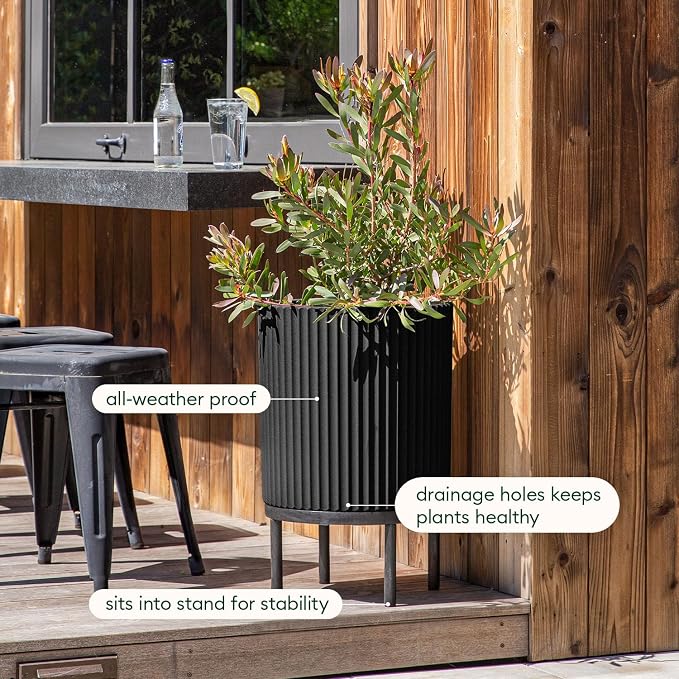 Veradek Demi Series Round Planter w/ Stand for Porch/Patio | Durable Plastic-Concrete & Wooden Stand | Modern Décor for Tall Plants, Flowers