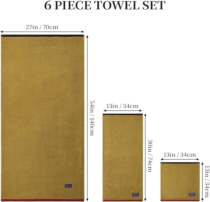REDKISS 6 Piece Bath Towel Set, 100% Cotton, Soft Absorbent 600 GSM | Includes 2 Bath Towels, 2 Hand Towels & 2 Washcloths | Quick Dry | Contrast Border Design | Bathroom | Guest Bath & Apartment
