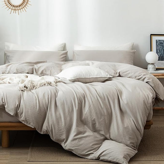 MooMee Bedding Duvet Cover Set 100% Washed Cotton Linen Like Textured Breathable Durable Soft Comfy (Heathered Cream Grey, Full 80"x90")