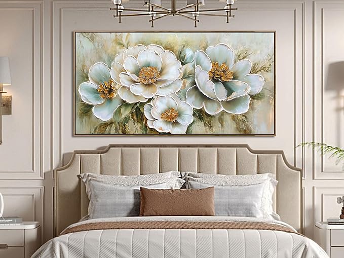 Arjun Framed Canvas Wall Art for Bedroom, Large Wood Frame Vintage Flower Painting Living Room Textured Artwork Gold Picture Bloosom Dining Room Kitchen Home Office Wall Decor, 40"x20"