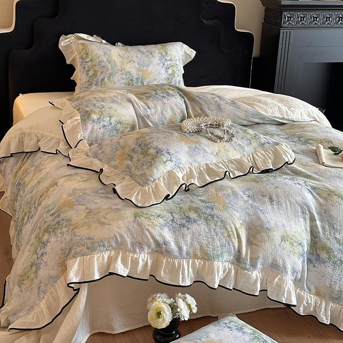 VM VOUGEMARKET Romantic Ruffle Duvet Cover Queen Breathable Muslin Cotton Wash Painting Style Duvet Cover Soft Linen Like Gauze Bedding Set-Queen Size
