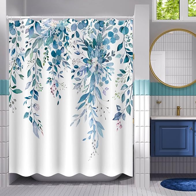 Blue Eucalyptus Shower Curtain Watercolor Floral Plant Leaf Shower Curtains for Bathroom Botanical Flower Waterproof Fabric Bath Curtain Decor with Hooks (Blue, 72'' x 72'')