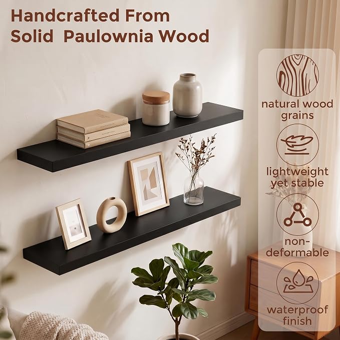 fuqing 40 Inch Floating Shelves | 6.7 Inch Deep Black Shelves for Wall Set of 2 | 40''W x 6.7''D x 1.4''H Black Wood Shelves for Living Room Bathroom Bedroom Kitchen Home Office