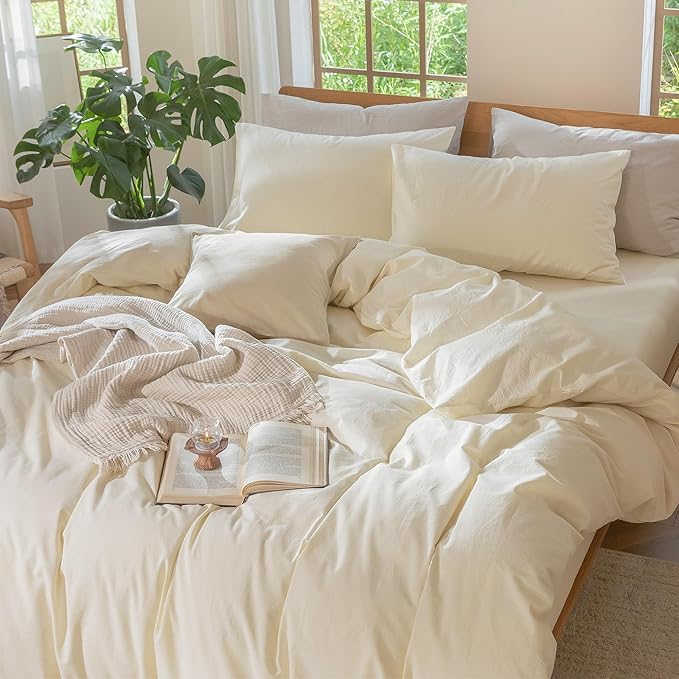 MooMee Bedding Duvet Cover Set 100% Washed Cotton Linen Like Textured Breathable Durable Soft Comfy (Solid Cream White, Super King Plus 120"x120")