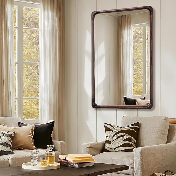 Tanmicoshomy Wood Bathroom Mirror 30 x 48 Inch, Solid Wood Framed Large Rectangle Mirrors with Tempered Glass for Living Room Bedroom Office or Entryway(Dark Brown)