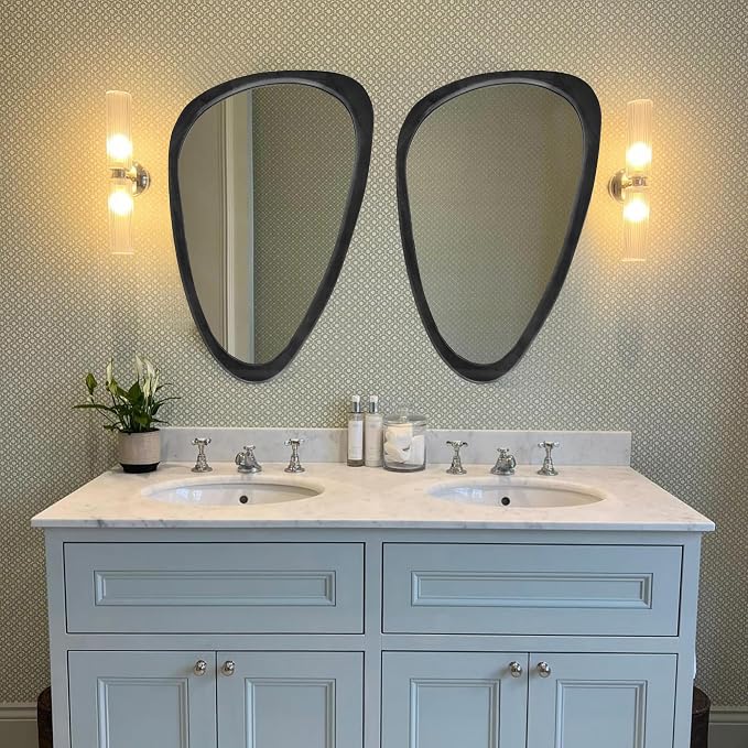 30''x20'' Asymmetrical Mirror with Wood Frame Black, Small Irregular Wall Mirror Odd Shaped Mid Century Modern Mirror Decor for Bedroom Living Room Entryway Hall