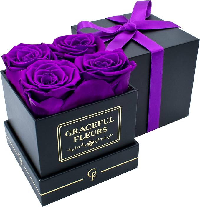 Graceful Fleurs | Real Long Lasting Roses for Years | Preserved Fresh Flowers for Delivery Birthday | Birthday Gifts for Women | Forever Roses in a Box (Purple, Black Box, 4 Roses)