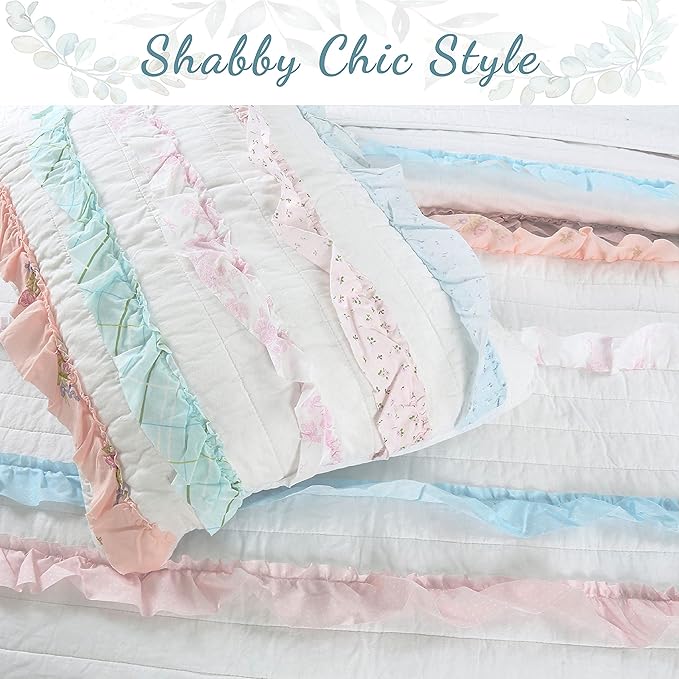 Cozy Line Home Fashions 100% Cotton Chic Ruffle Light Lavender Orchid Blue Flower Print Stripe Bedding Quilt Set, Reversible Coverlet, Bedspread (Chic Ruffle, Queen + Décor Pillows)
