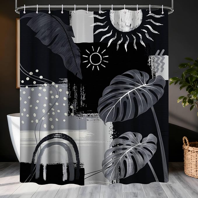 Small Stall Narrow Shower Curtain Black and Gray Stand Up Dark Black and Grey Abstract Shower Curtains for Rv Camper Bathroom Decor Sets, Waterproof Cloth Fabric with Hooks, 48 x 72 Inch