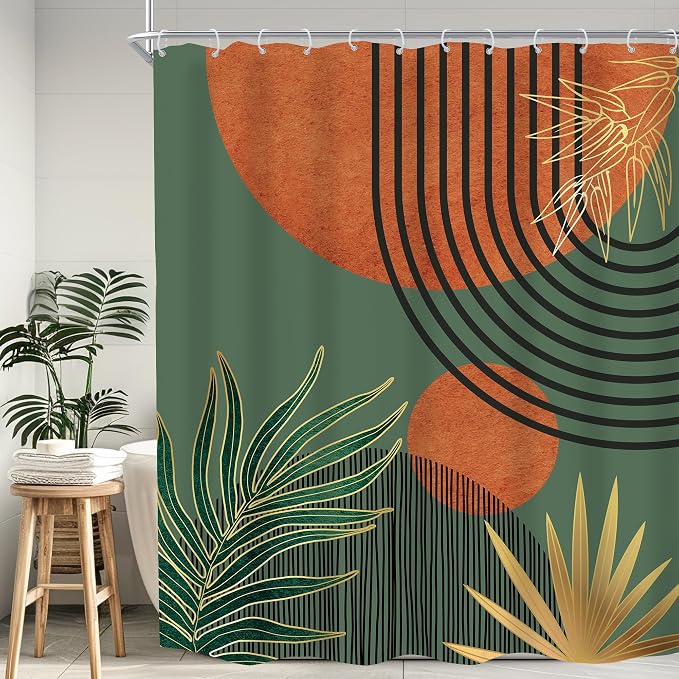 KOMLLEX Mid Century Green Orange Boho Shower Curtain for Bathroom Decor Abstract Modern Sun Minimalist Aesthetic Arch Curve Leaves Geometric Neutral Fabric Waterproof Polyester 12 Pack Hooks 60Wx72L