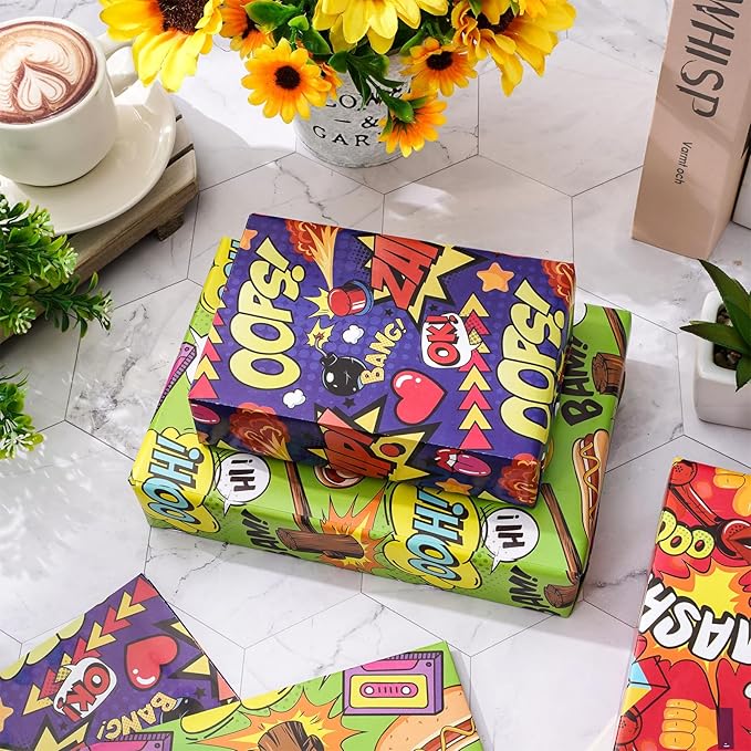 JarThenaAMCS 12 Sheet Comic Wrapping Paper -Not Roll- Colorful Cartoon Boom Gift Wrap Paper Folded Flat Art Paper for DIY Crafts Gift Wrapping, 19.7 x 27.6 Inch