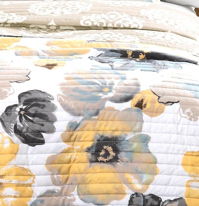 Lush Decor Leah Reversible Floral Quilt Set, 3 Piece Set, Full/ Queen, Yellow & Gray - Watercolor Botanical - Cottage Core - French Country Decor- Bedding Queen Size