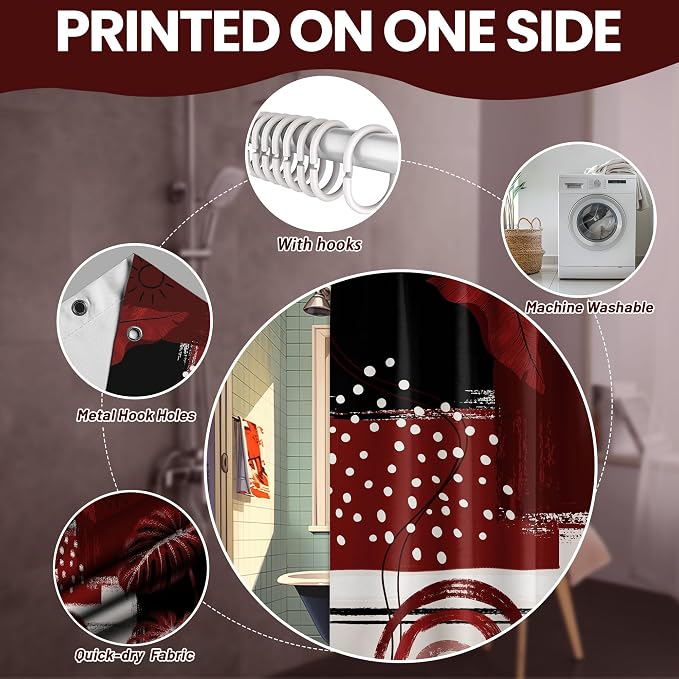 Extra Long Shower Curtain Extra Tall Black and Red XL Burgundy Tropical Leaf Shower Curtains for Large Bathroom Decor Sets, Waterproof Cloth Fabric with Hooks, 108x72 Inch
