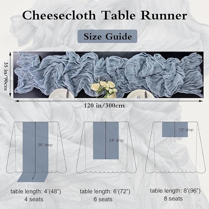 Booque Valley 6 Pack Dusty Blue Cheesecloth Table Runner 10ft Super Soft Boho Wrinkled Gauze Sheer Cloth for Baby Shower Baptism Birthday Party Wedding Centerpiece Table Decoration, 35x120 Inch