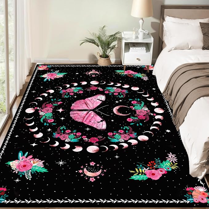Pink Butterfly Area Rug 5'x7' Moon Phase Floral Rugs for Bedroom Living Room Kitchen Nursery Playroom Home Decor Boho Gothic Butterfly Carpet Non-Slip Washable Floor Mat