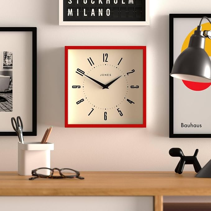 JONES CLOCKS® Box wall Clock | Retro Square | 10 inch | Red | Easy to Read Numbers | Perfect Kitchen or Office Clock
