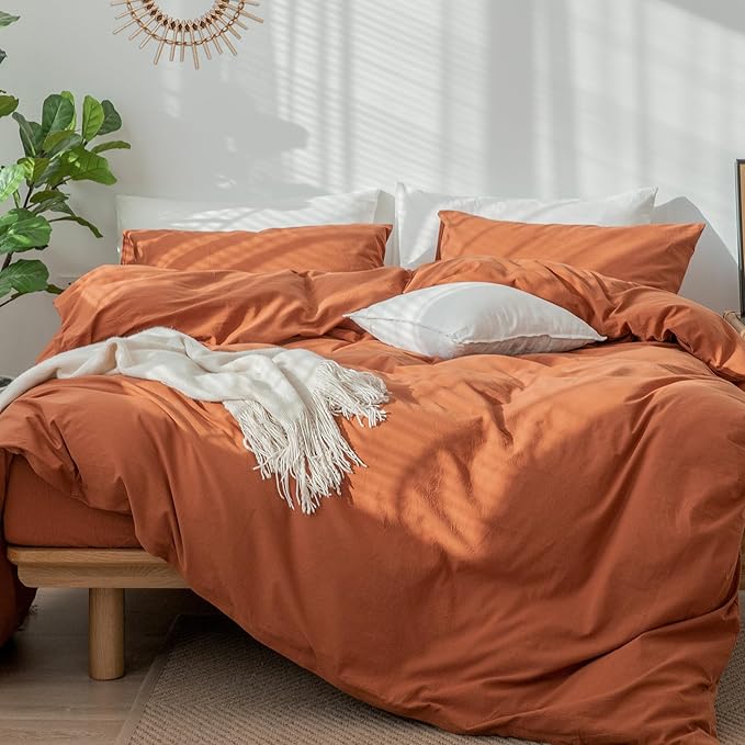 MooMee Bedding Duvet Cover Set 100% Washed Cotton Linen Like Textured Breathable Durable Soft Comfy (Solid Rust Brown, Twin 68"x90")