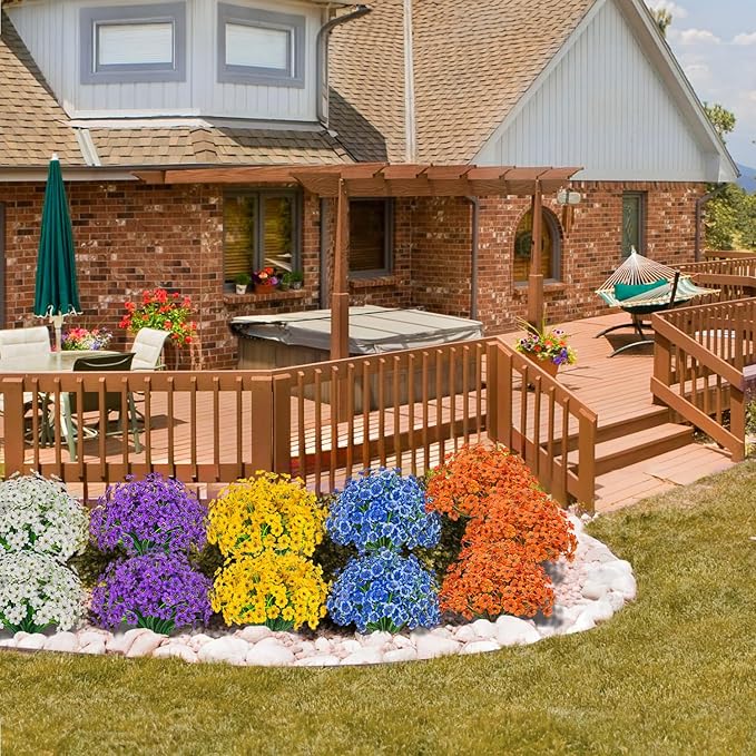 Outdoor Artificial Flowers 21 UV Resistant Bundles Fake Flower Plastic Plants Faux Silk Flowers Porch Hanging Garden Porch Window Box Decorating (Light Autumn Orange)