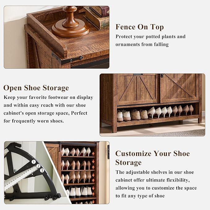 OKD Shoe Storage Cabinet with 2 Flip Drawers & Sliding Door, Farmhouse Entryway Shoe Organizer, Freestanding Rustic Hidden Shoe Rack Cabinet for Entryway, Reclaimed Barnwood