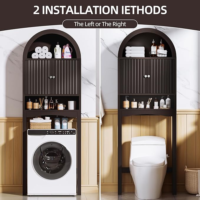 Spurgehom Over The Toilet Storage Cabinet, Bathroom Shelf Organizer Freestanding, Bathroom Arch Cabinet Over Toilet with Fluted Door and Anti-Tipping Device, Coffee