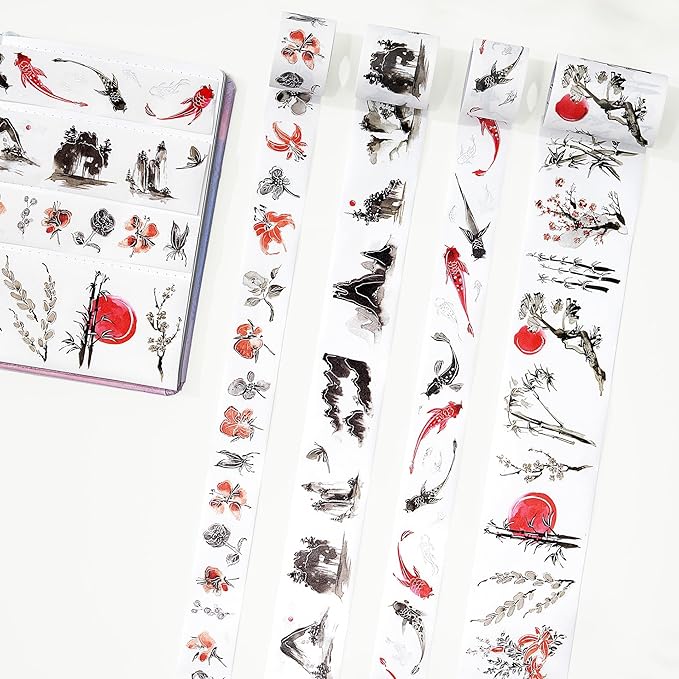 WT Ink Tranquility Washi Tape Sticker Set, 4 Rolls, Original Designs, Eastern Watercolor Koi Fish, Black & Red, Silver Foil Decorative Stickers for Bujo, Planner, Journals, DIY Crafts