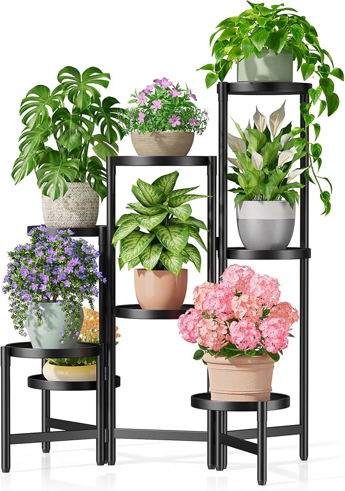 8 Tiered Plant Stand Indoor for Multiple Large Planter, Tall Heavy Duty Adjustable Folding Rack with Rustproof 7.9 Inch Wide Tray, Plant Shelf for Corner Living Room - BlackDisk