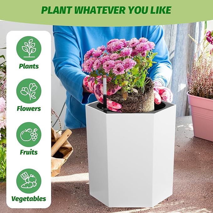 16in Plant Pots Set of 2, Self Watering Planters for Indoor Plants with Water Level Monitoring, Bottom Wheels and Water Outlet for Garden Flower Pot, Patio, Balcony, Lounge, Front Porch Decor