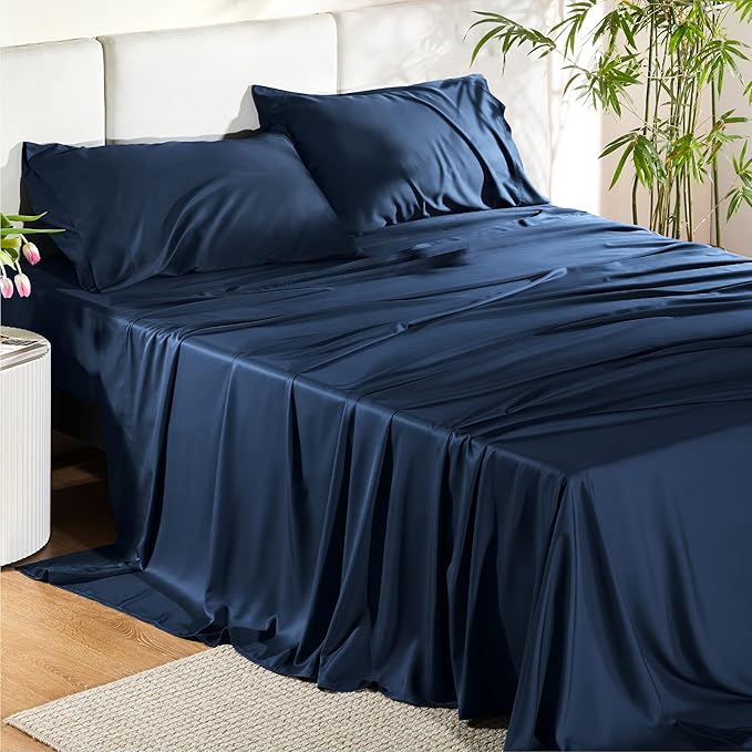Bedsure Full Size Bed Sheets, Cooling Sheets, Rayon Derived from Bamboo, Breathable & Soft, Deep Pocket Up to 16 Inches, Hotel Luxury Silky Bedding for Hot Sleepers, Navy