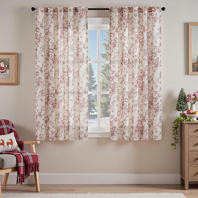jinchan Linen Blend Curtain Floral Curtains for Living Room 63 Inch Length Christmas Brick Red Printed Curtain Rod Pocket Back Tab Farmhouse Peony Flower Patterned Drapes Curtains Set 2 Panels