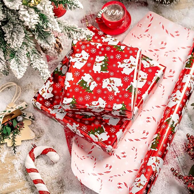MAYPLUSS Christmas Wrapping Paper Roll - 17IN X 33FT - Red Gift Wrapping Paper Featuring white Polar Bear Christmas Tree Against Red Reversible Candy Cane for Kids, Holiday, New Year