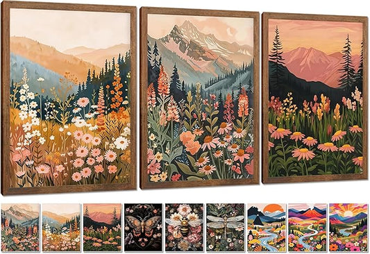 Colorful Nature Floral Wall Art Set of 3 12x16in Wood Framed, with 9 Bonus 8x10in Poster Art Prints, Boho Retro Wildflower Landscape Artwork Wall Decor for Living Room Bedroom Home Decor