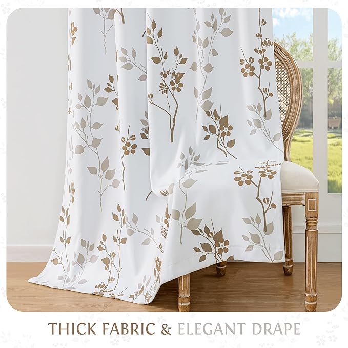 Beauoop Floral 100% Blackout Curtains 63 Inch Length 2 Panels for Bedroom Living Room Tan Brown and White Flower Patterned Room Darkening Thermal Soundproof Rod Pocket Back Tab Window Drapes, 52X63