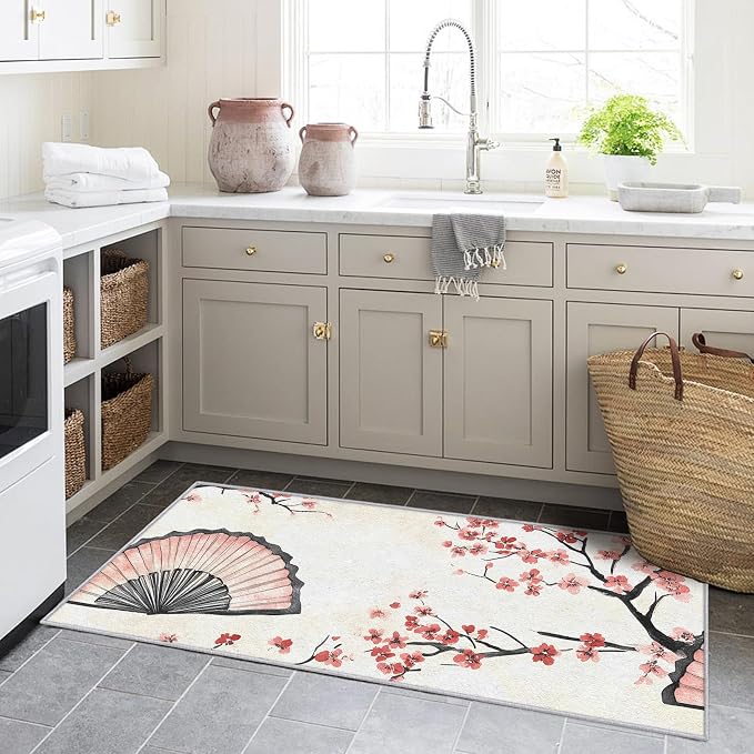 Japanese Cherry Blossom Runner Rug 4x8, Oriental Fan Design, Asian Area Rug, Washable Non-Slip Floor Carpet Runner for Bedroom, Dining Room, Living Room Aisle