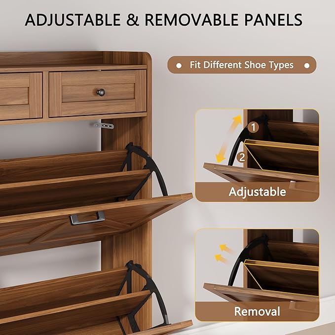 Shoe Cabinet with 2 Flip Drawers & 2 Top Drawers, 43" Tall Freestanding Narrow Wooden Shoe Storage Organizer for Entryway, Hidden Slim Shoe Rack for Front Door Entrance, Hallway, Living Room, Walnut