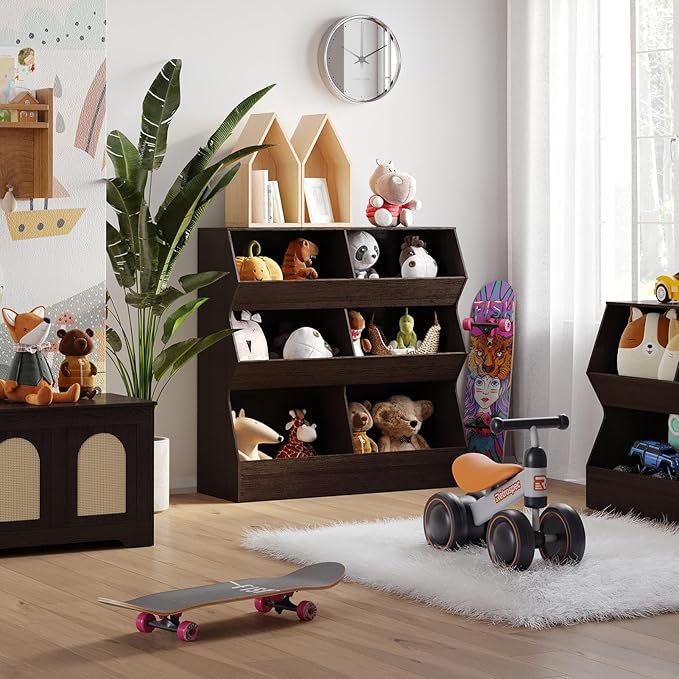 DINZI LVJ Toy Storage Organizer, Kids Bookshelf, Wooden Toy Storage Cabinet, 6 Cubby Children Bookcase, 35.4" L Toddler Book Shelf for Playroom, Living Room, Nursery, Hallway, School, Espresso