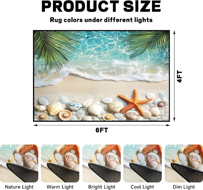 4'x6' Beach Rug Starfish Seashell Area Rugs for Bedroom Living Room Kitchen Nursery Playroom Home Decor Ocean Sea Wave Carpt 3D Non Slip Washable Throw Rug Coastal Seaside Floor Mat