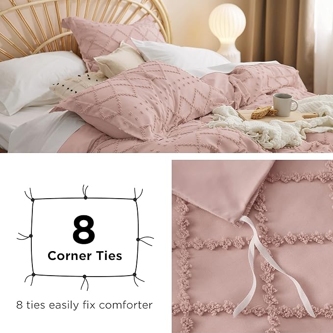 Bedsure Boho Duvet Cover Queen Size - Pink Breathable & Soft Boho Bedding, Machine Washable Comforter Cover for All Seasons, Includes 1 Duvet Cover 90"x90" with 2 Pillow Shams & Zipper Closure