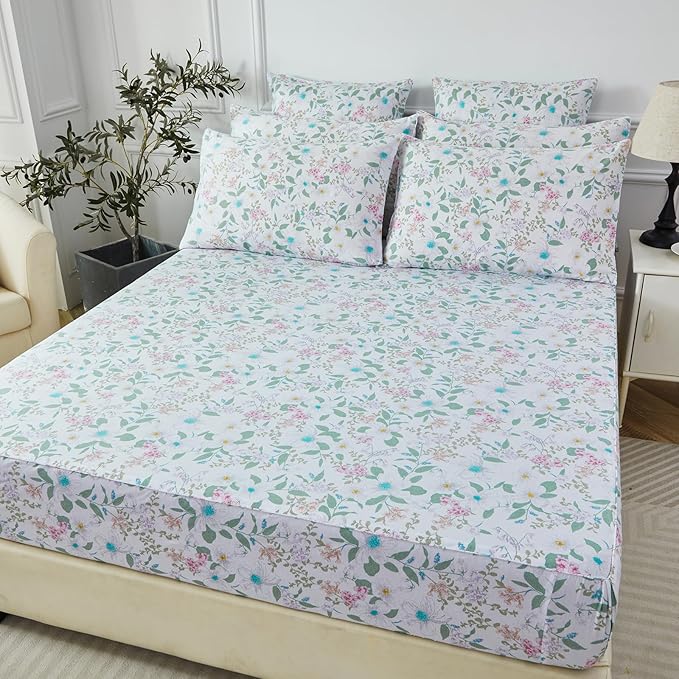 FADFAY Twin Extro Long Size Sheets Set 100% Cotton Vintage Floral Shabby Flowers & Leaves Pattern Farmhouse Bedding Set Deep Pocket Sheets with 2 Pillowcases Breathable Soft 4Pcs, Twin XL