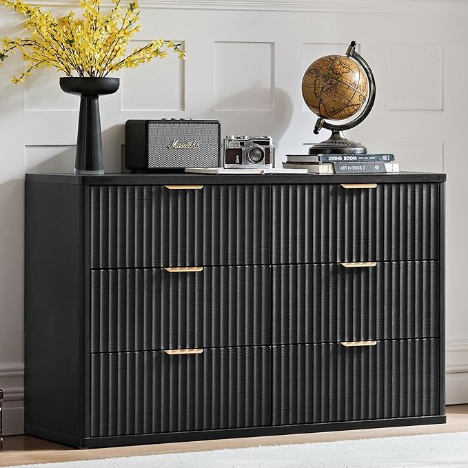LEYAOYAO Fluted 6 Drawers Dresser for Bedroom, 48" Wide Modern Chest of Drawers with Metal Handle, Black Curved Profile Farmhouse Closet Organizer Wood Dressers TV Stand for Living Room, Hallway