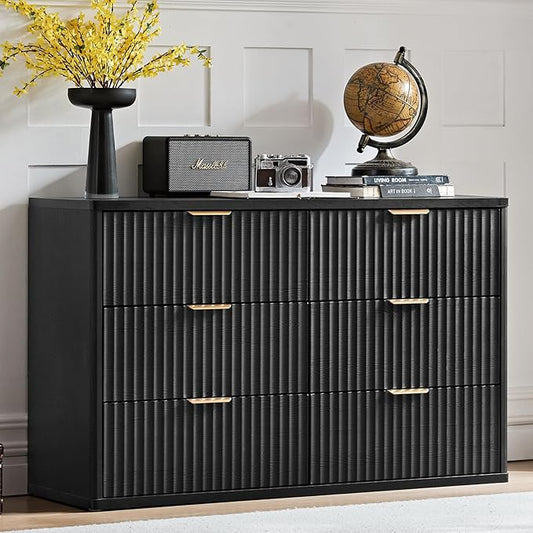 LEYAOYAO Fluted 6 Drawers Dresser for Bedroom, 48" Wide Modern Chest of Drawers with Metal Handle, Black Curved Profile Farmhouse Closet Organizer Wood Dressers TV Stand for Living Room, Hallway
