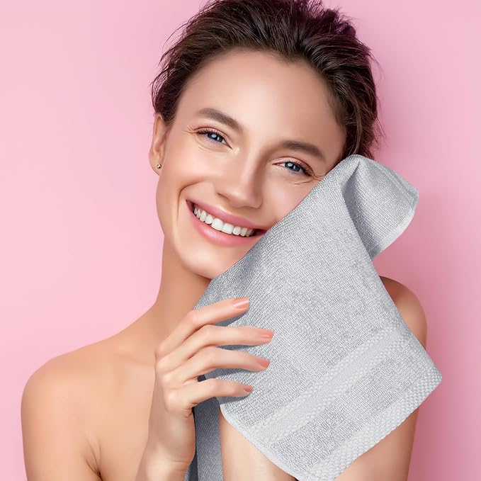 GLAMBURG Ultra Soft 12-Piece Washcloths Set 13x13-100% Ringspun Cotton - Durable & Highly Absorbent Face Towels - Ideal for use in Bathroom, Kitchen, Gym, Spa & General Cleaning - Light Grey
