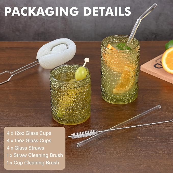 ZMOWIPDL Vintage Hobnail Drinking Glasses Set of 8,Green 12 oz & 15oz Highball Glass Cups, Kitchen Drinkware Glassware,Embossed Water Tumbler,for Beer,Cocktail,Whiskey,Juice and Various Mixed Drinks